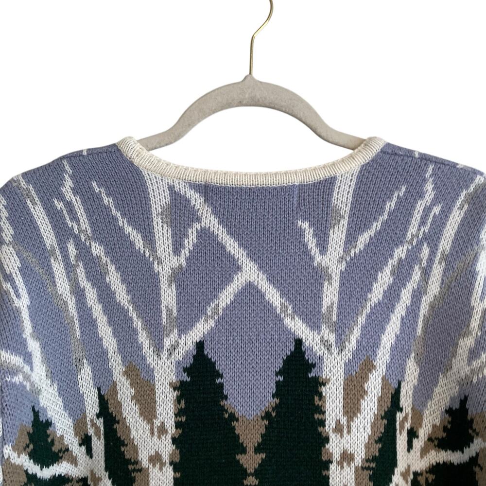Vintage 90s Winter Forest Scene Cardigan Birch Trees Sz M - Picture 5 of 15